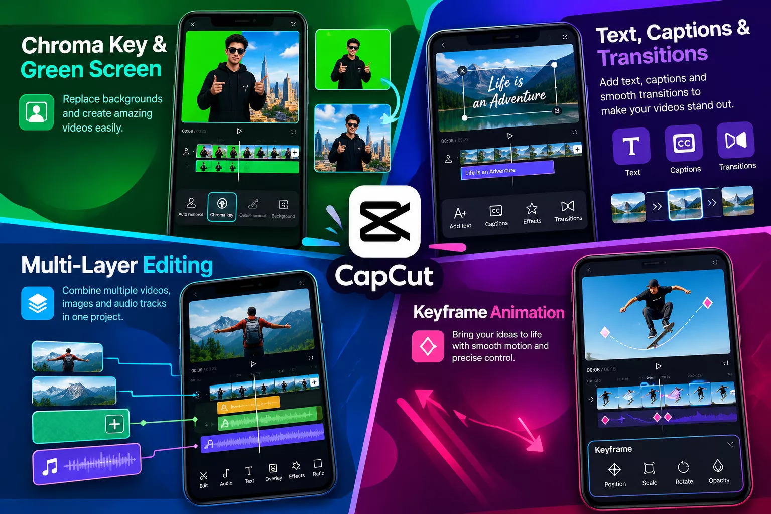 CapCut MOD APK Features - Green Screen, Text, Multi-Layer Editing & Keyframe Animation